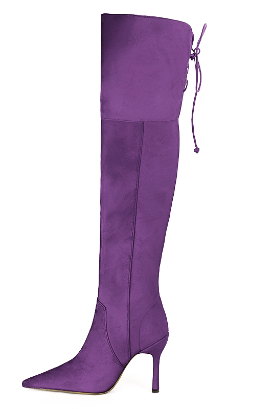 Amethyst purple women's leather thigh-high boots. Pointed toe. Very high spool heels. Made to measure. Profile view - Florence KOOIJMAN